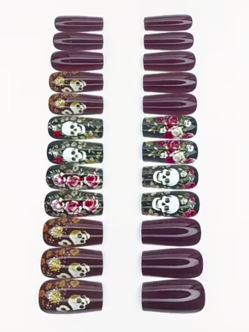 Press-on Nails Burgundy Ballet-Style Rose Sugar Skull Pattern Nail Tips 24pcs - Picture 6 of 6